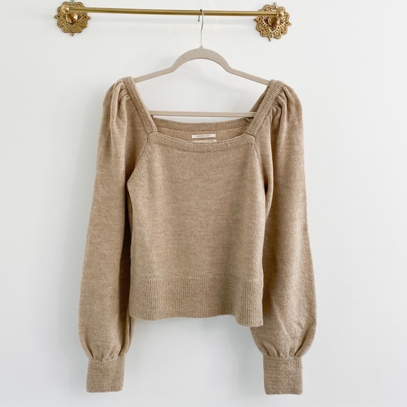 Anthropologie Sweaters - Anthropologie Tan Square Neck Puff Sleeve Crop Sweater